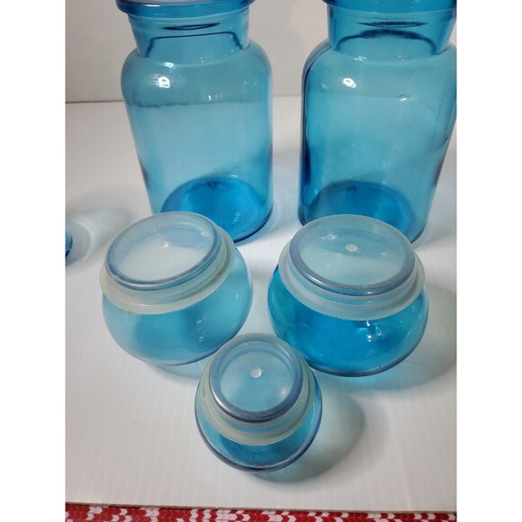 RARE Vtg Blue Glass Apothecary Bubble Lid Jars Bottles Set Of 3 MCM Belgium - Picture 7 of 14